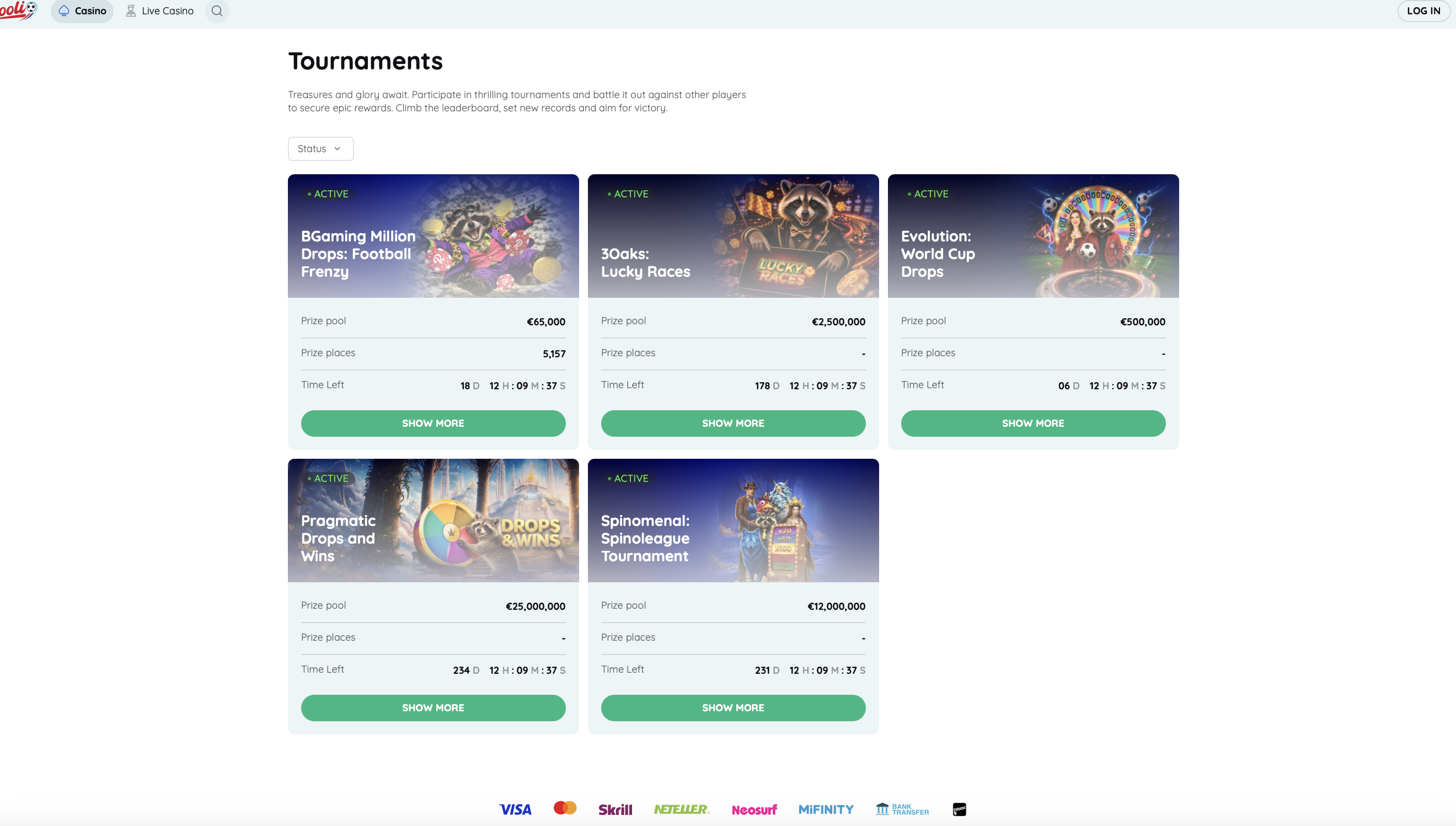 Rooli Casino Turniere Rooli Casino Turniere mit Preispools von Pragmatic Play, Spinomenal und Evolution